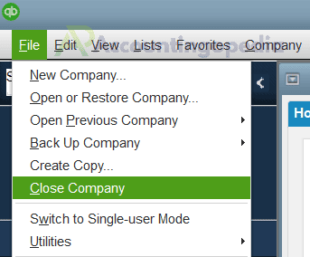 QuickBooks File Menu Close Company Option