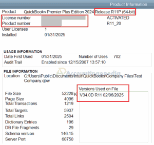 QuickBooks Product and License Information