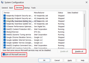 Windows System Configuration Services Tab Disable Microsoft Services